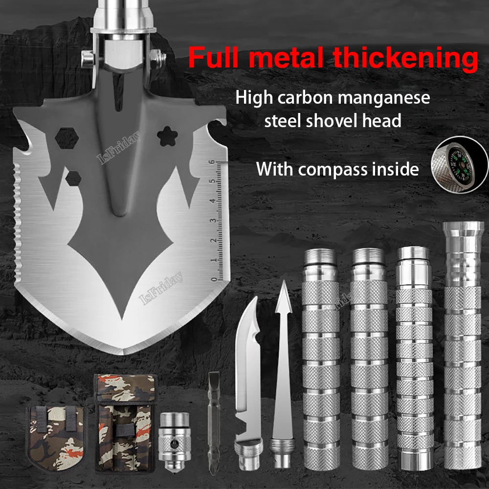 Military Outdoors folding military shovel stainless steel multifunction survival tool with compass and accessories