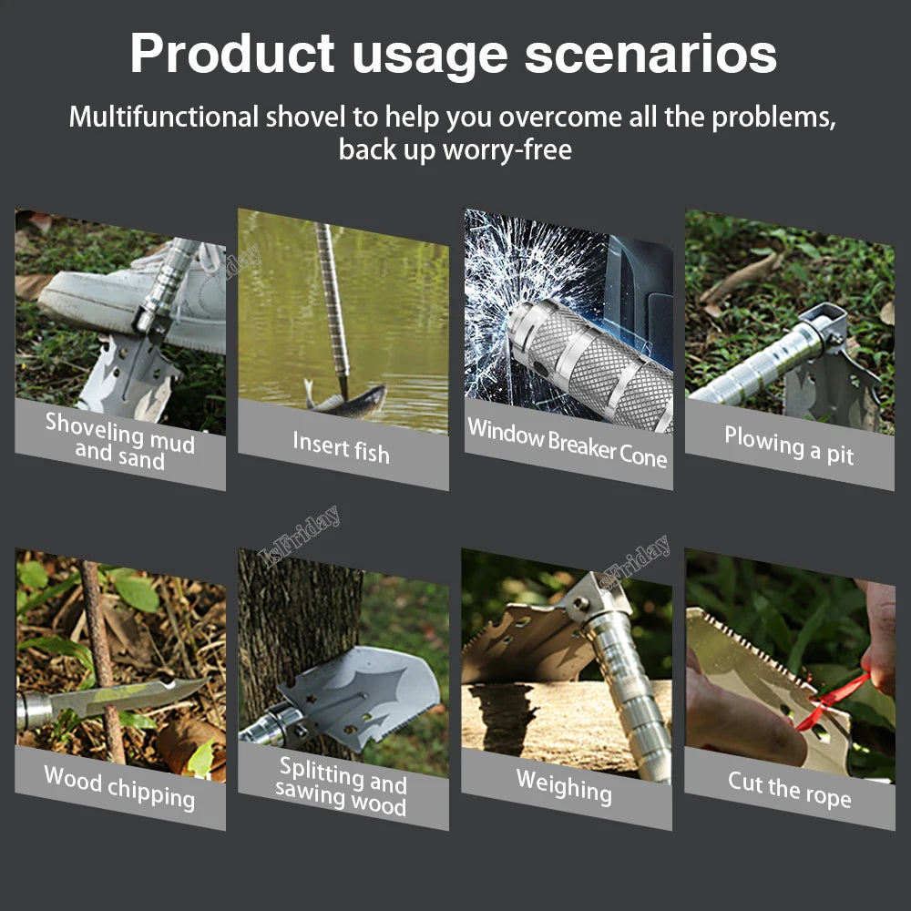 folding military shovel multipurpose tool collage showing digging plowing sawing cutting and window breaking