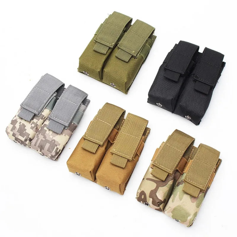 Set of five 9mm magazine holder pouches in different camo and solid colors for military and outdoor use