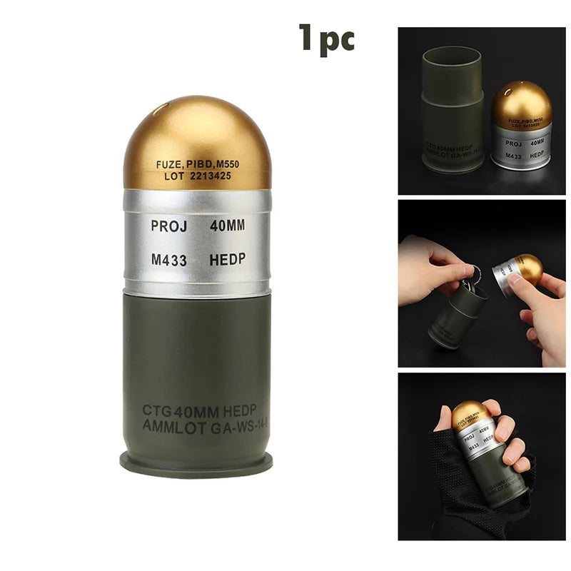 Military Outdoors replica 40mm olive drab and gold Dummy Grenade Model with removable cap and realistic markings
