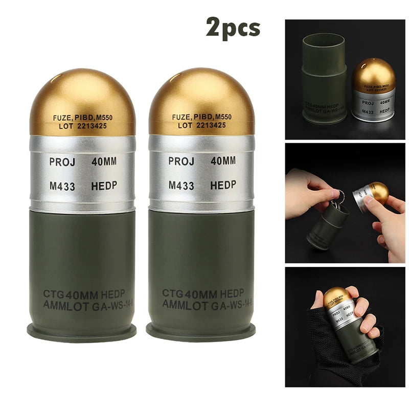 Military Outdoors replica 40mm mortar style Dummy Grenade Model two pack olive body with gold top handheld prop