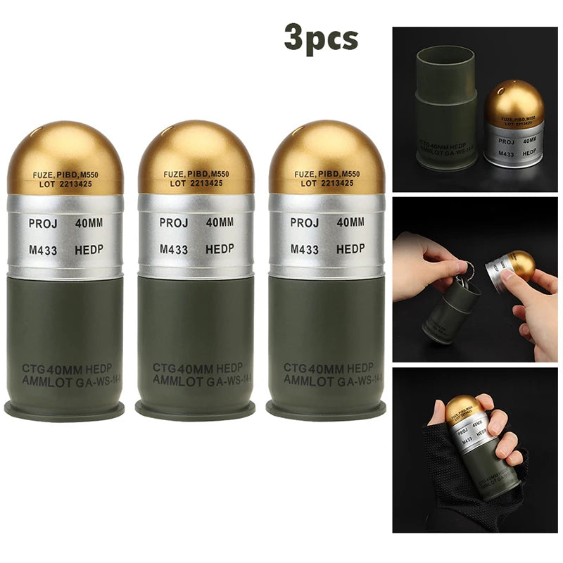 Military Outdoors replica 40mm olive three piece training prop with gold top and label Dummy Grenade Model