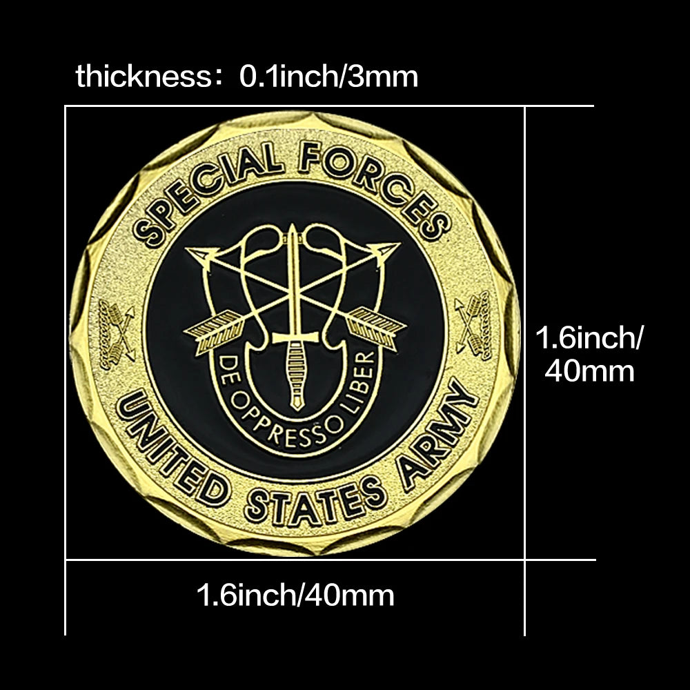 US Special Forces coin featuring the emblem and text, measuring 1.6 inches in diameter