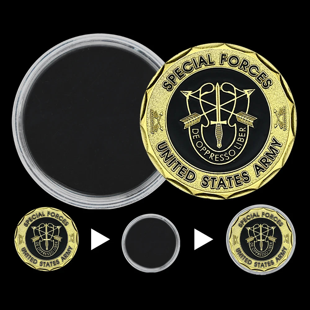 US Special Forces coin featuring gold and black design with United States Army insignia