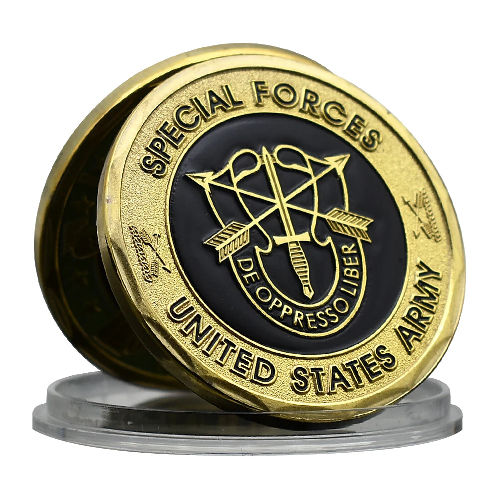 US Special Forces coin featuring a gold design with the Special Forces emblem and engraved text