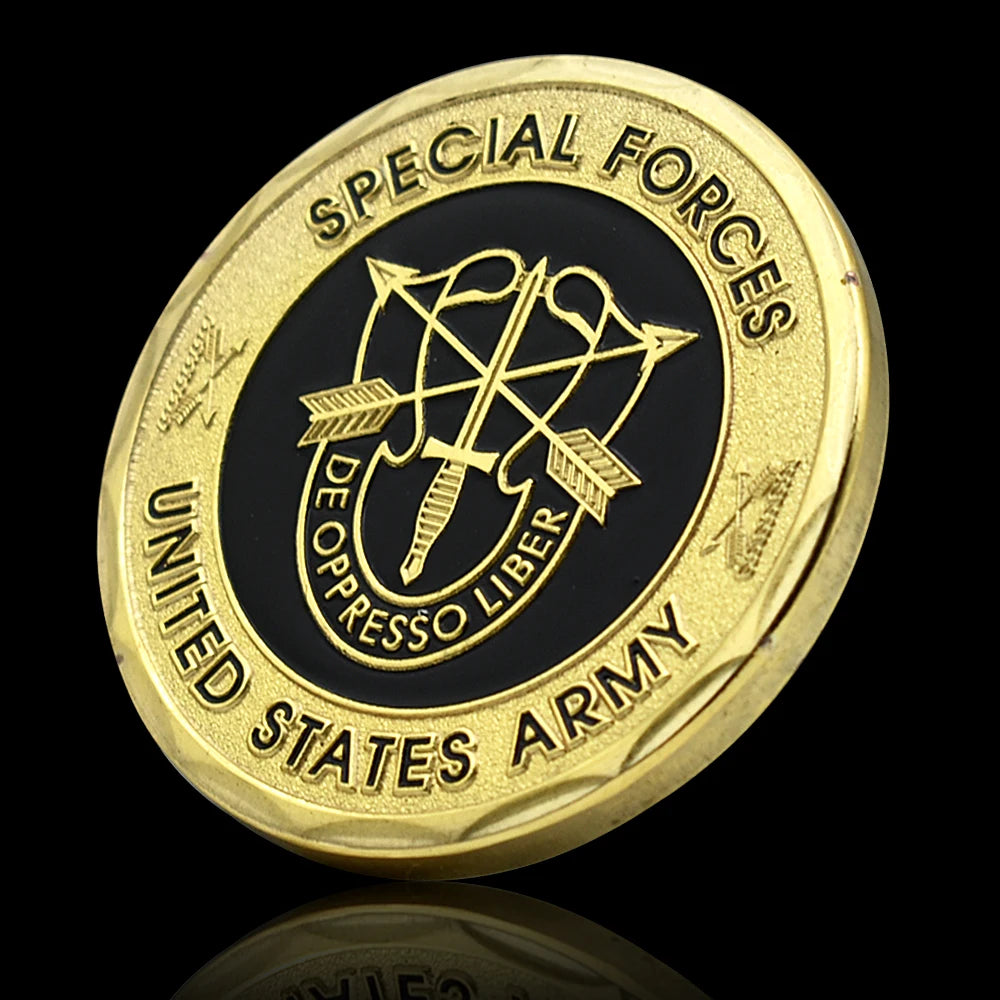US Special Forces coin featuring the Special Forces emblem and 'De Oppresso Liber' inscription