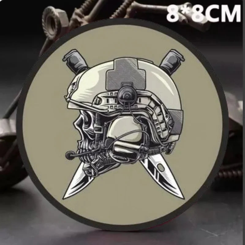 Army logo tactical helmet badge featuring a skull with a military helmet and crossed knives
