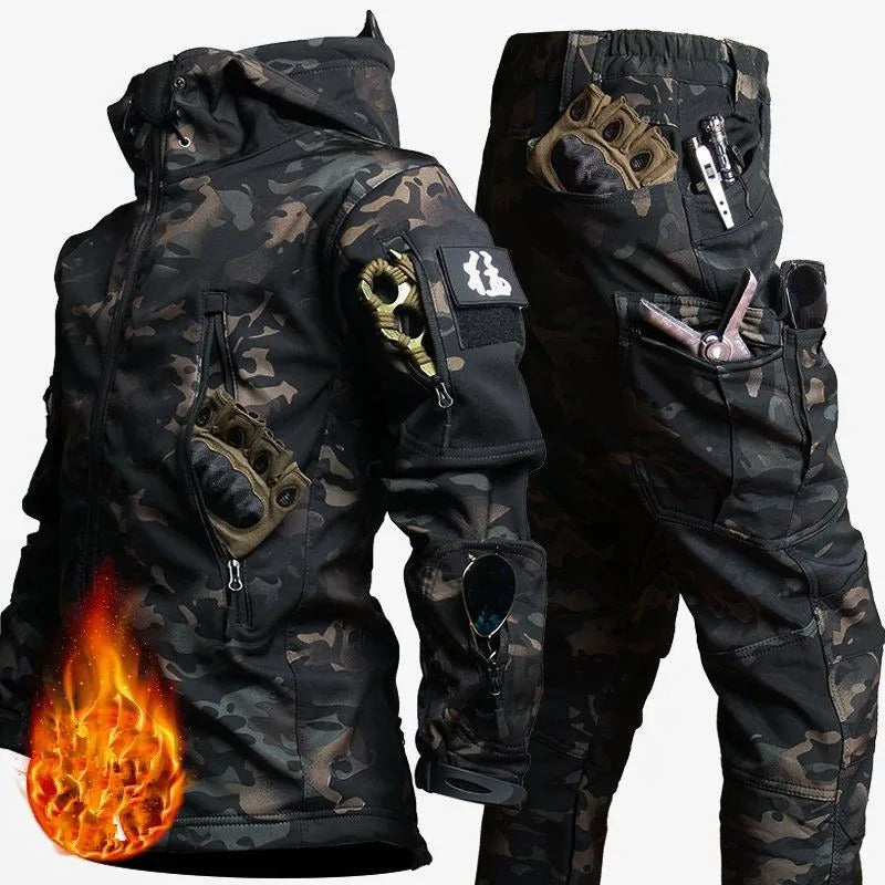 Military outdoors tactical winter suit waterproof camouflage jacket and pants with multiple pockets and reinforced knuckle gloves
