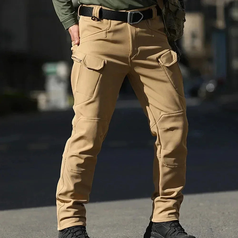 Men's tan tactical winter suit waterproof pants with multiple pockets and reinforced knees