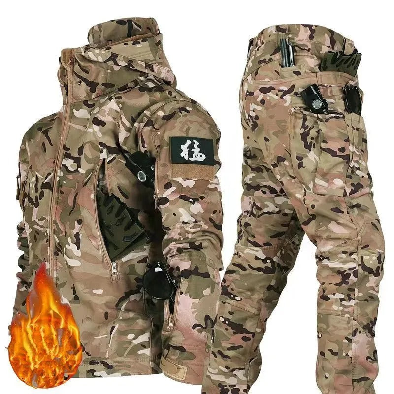Military camouflage tactical winter suit waterproof jacket and pants with multiple pockets and flame resistant