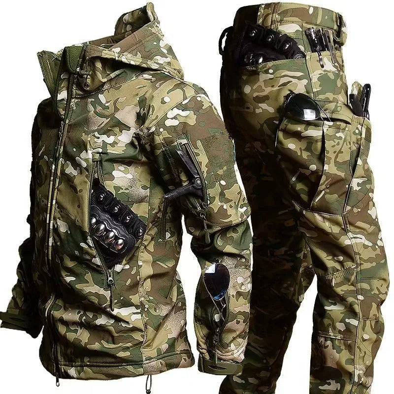 Military camouflage tactical winter suit waterproof with multiple pockets and durable fabric