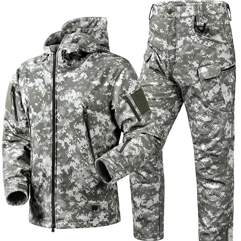 Military camo tactical winter suit waterproof jacket and pants set with multiple pockets and adjustable features