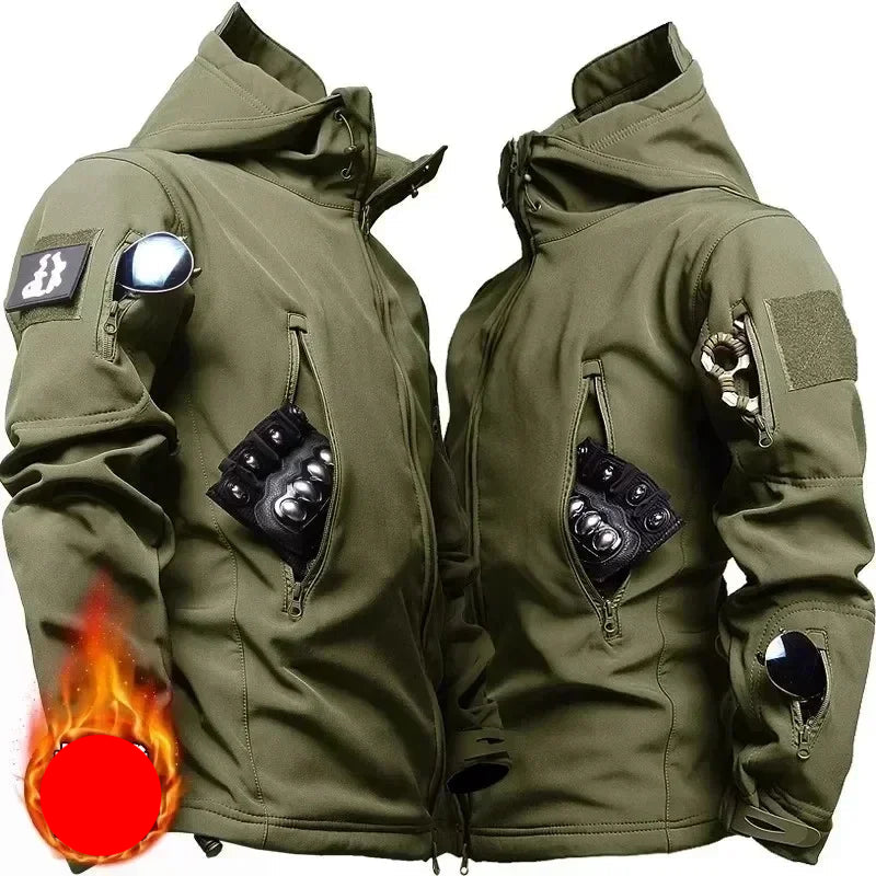 Olive green tactical winter suit waterproof jacket with multiple zippered pockets and reinforced knuckle protection