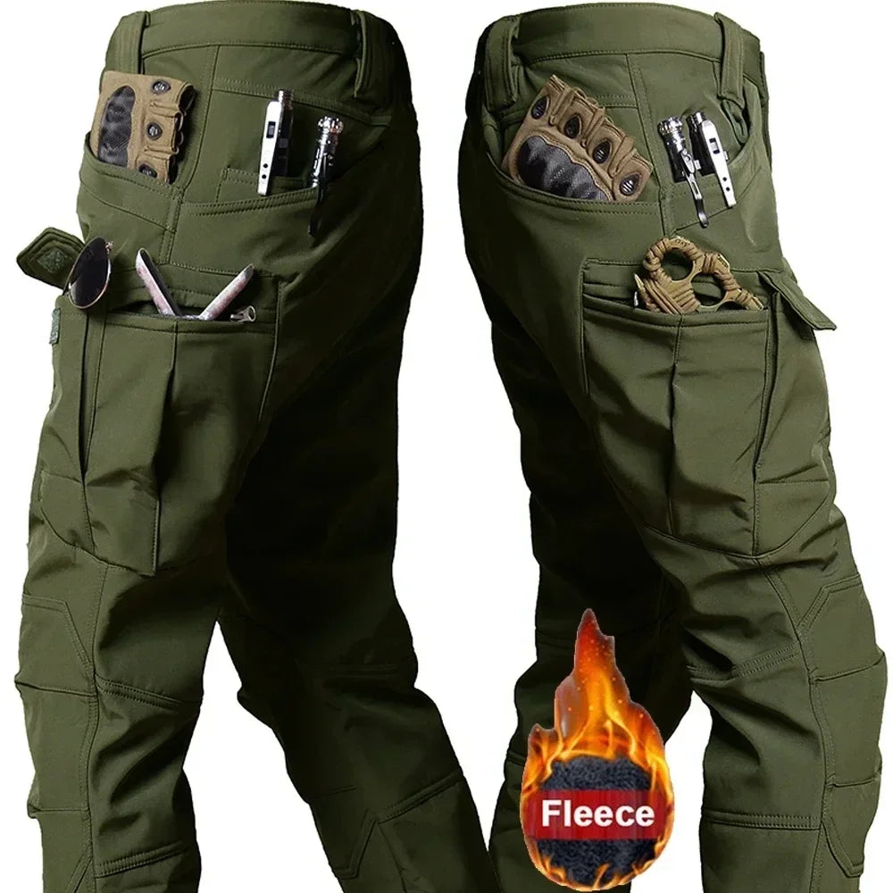Military green tactical winter suit waterproof pants with multiple pockets and fleece lining for cold weather