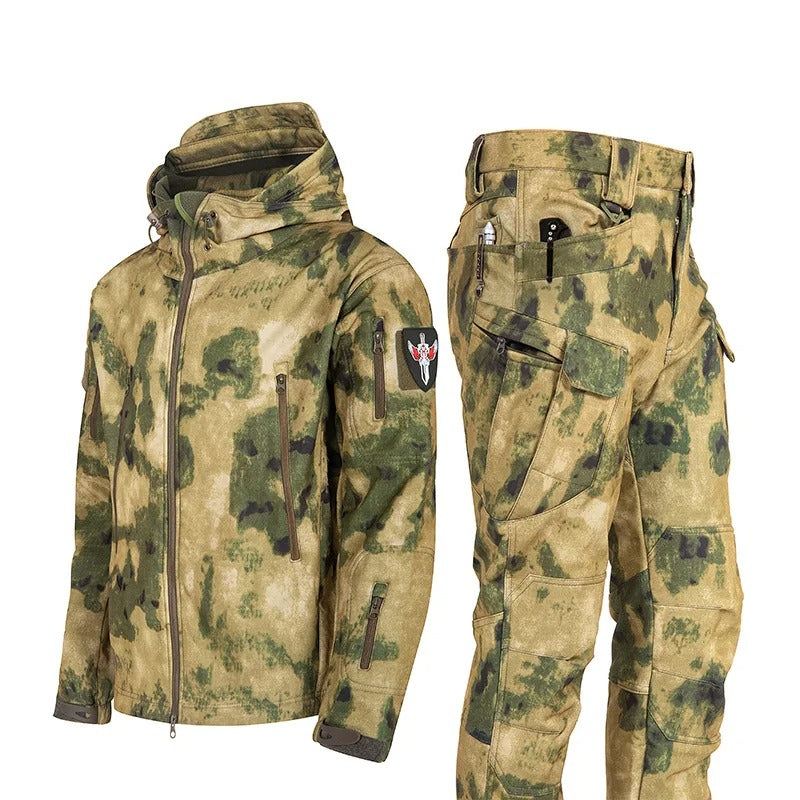 Camouflage tactical winter suit waterproof jacket and pants with multiple pockets for outdoor use