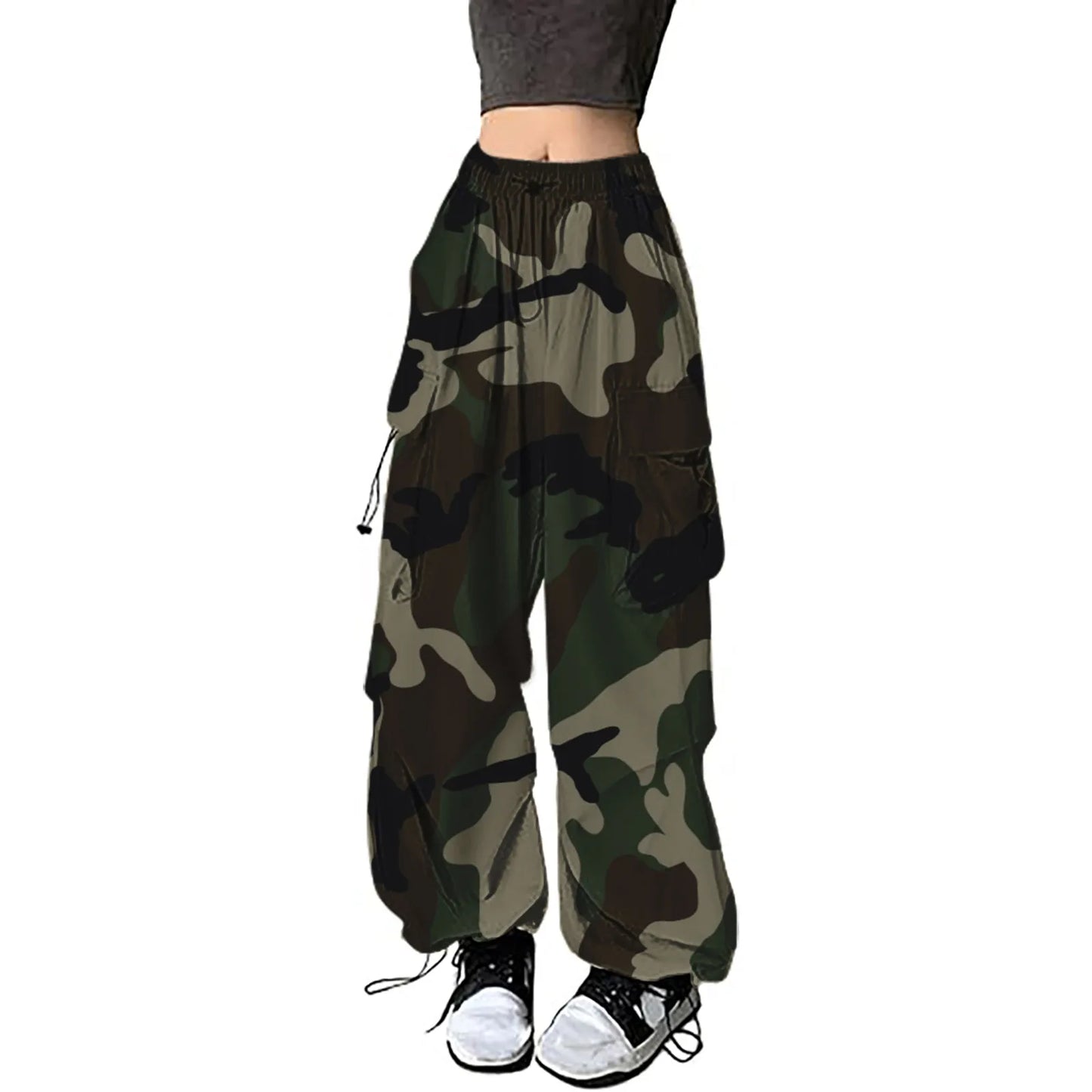 Women wearing vintage camouflage cargo pants with an elastic waistband and multiple pockets