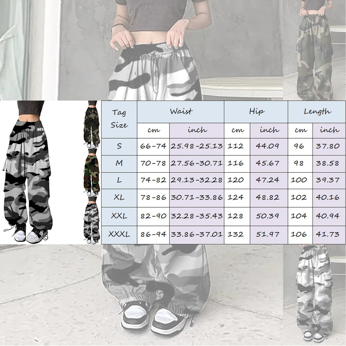Vintage camouflage cargo pants for women with adjustable waist and multiple pockets