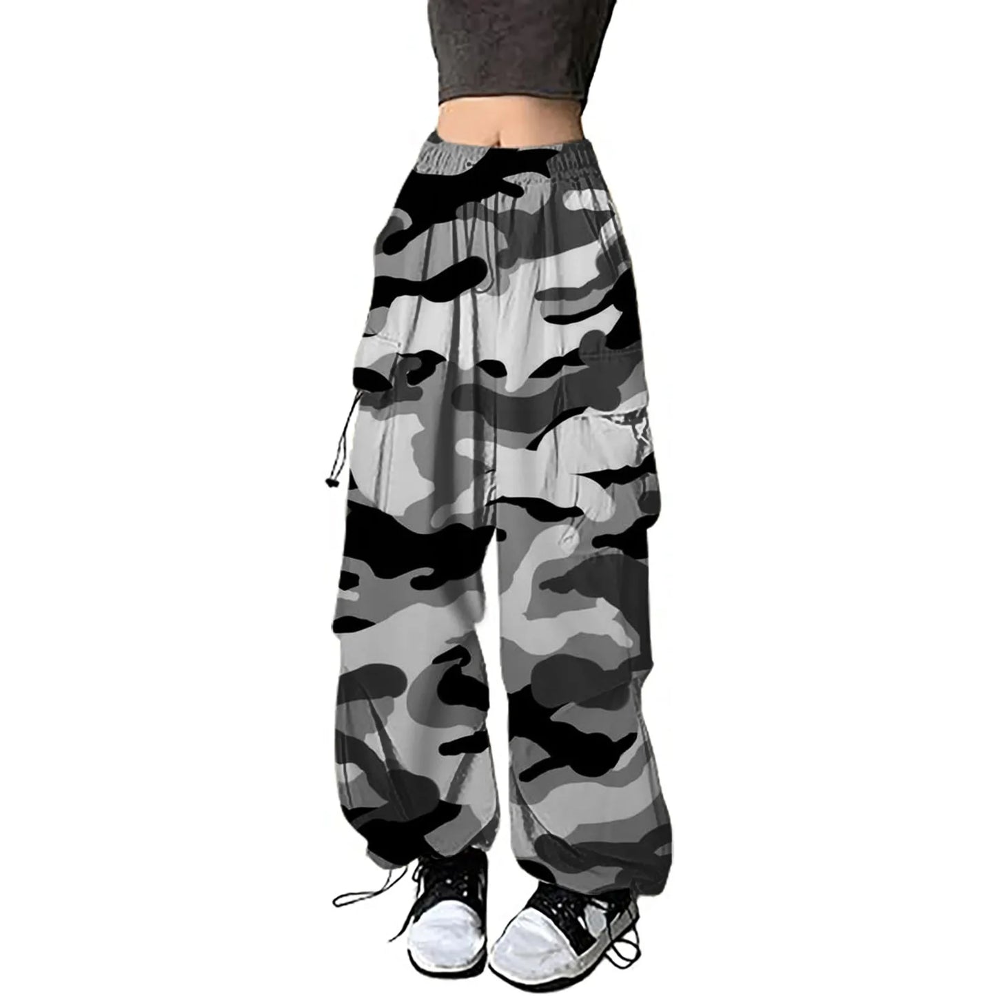 Women's vintage camouflage cargo pants in black and gray with elastic waistband and multiple pockets