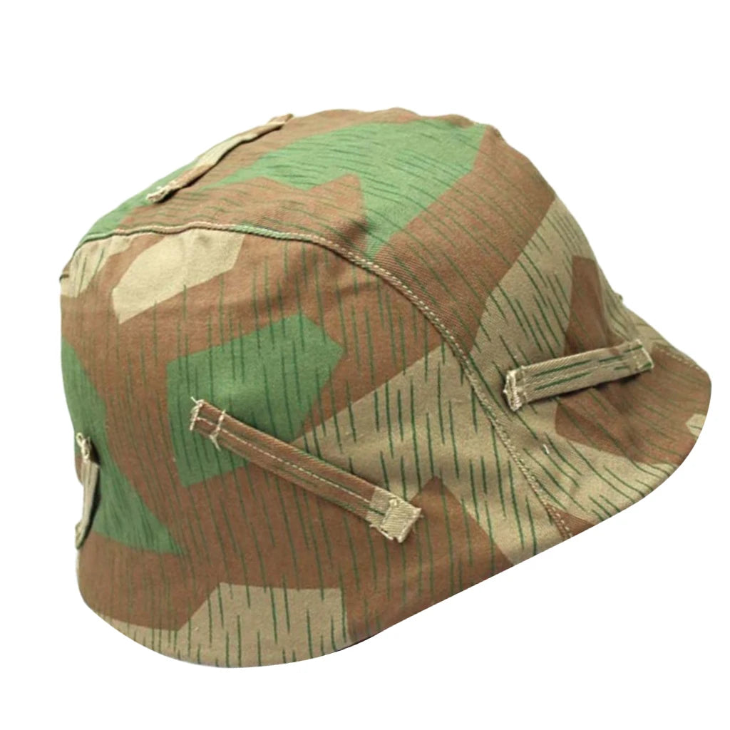 Replica WW2 German helmet cover with green and brown camo pattern from Military-Outdoors.com