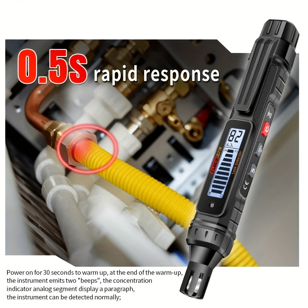 Military-Outdoors.com combustible leak detector showing 0.5 second rapid response near yellow gas pipe