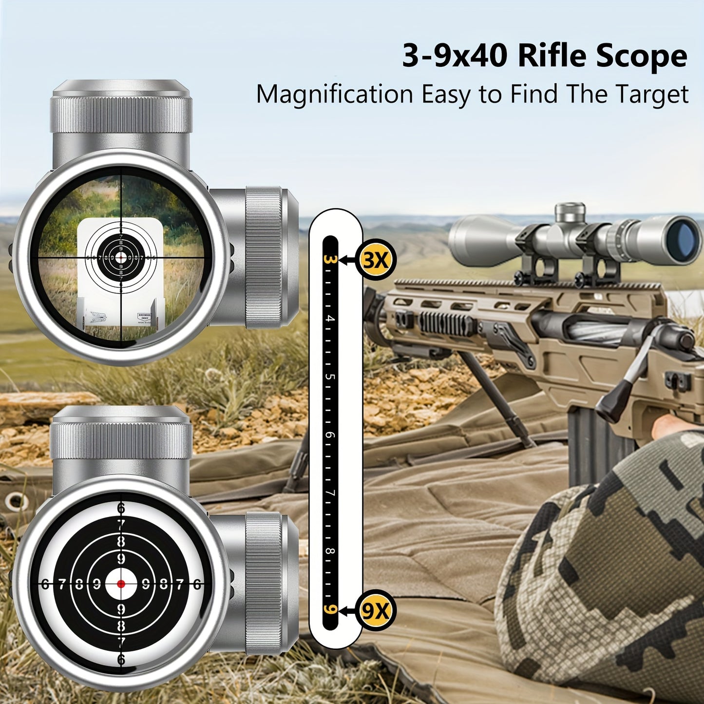 CVLIFE 3-9x40 Optics R4 Fadenkreuz-Zielfernrohr mit kostenlosen Halterungen