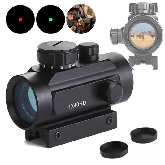 Military Outdoors 20mm rail mount pistol scope with red and green dot sights and adjustable settings