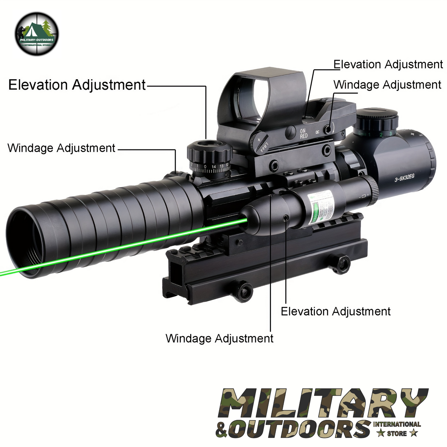 4-in-1 Rifle Scope Combo - 3-9x32mm Scope Red Dot Sight Laser and Slot Riser