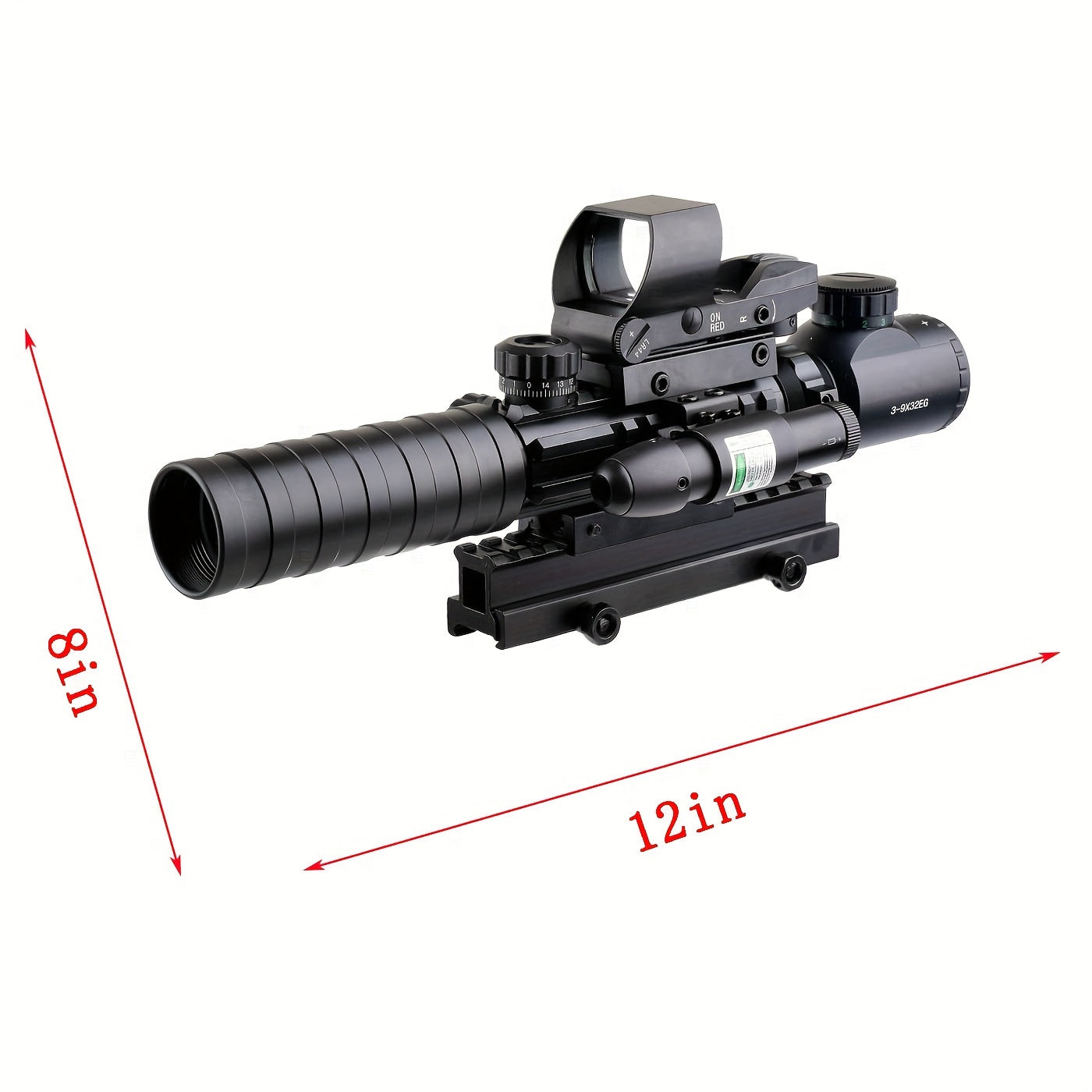 4-in-1 Rifle Scope Combo: 3-9x32mm Scope, Red Dot Sight, Laser, and 14-Slot Riser