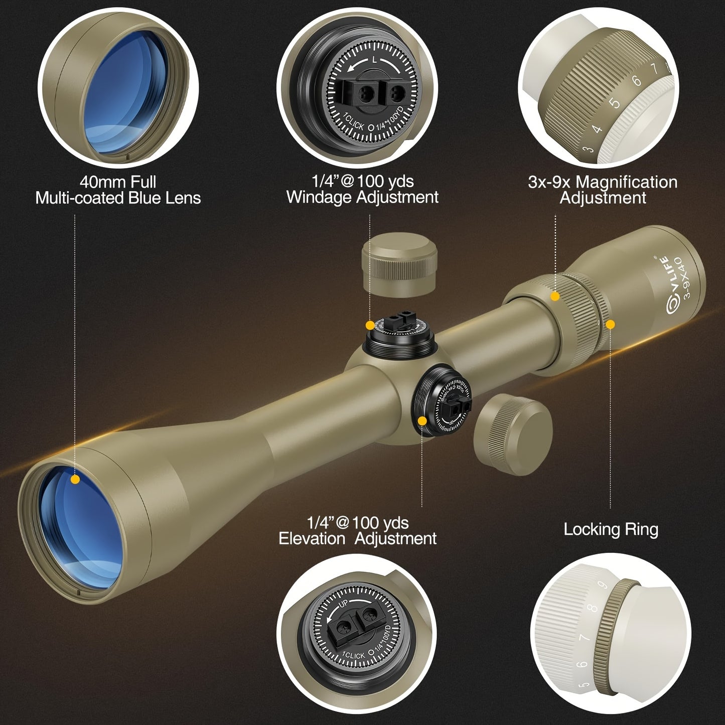 CVLIFE 3-9x40 Optics R4 Fadenkreuz-Zielfernrohr mit kostenlosen Halterungen