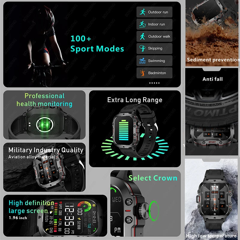 Military Smart Watch - Health Monitor 1.96"HD BT