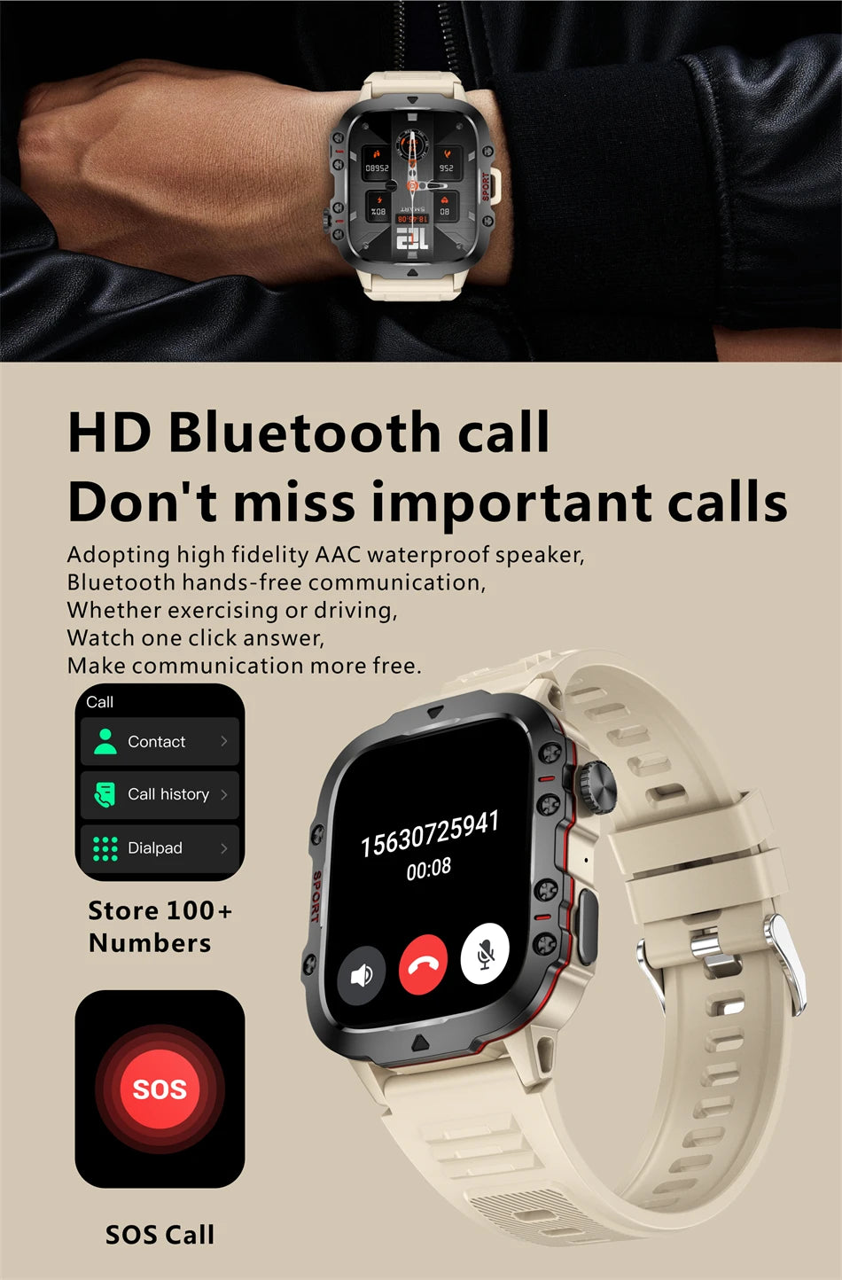 Military Smart Watch - Health Monitor 1.96"HD BT