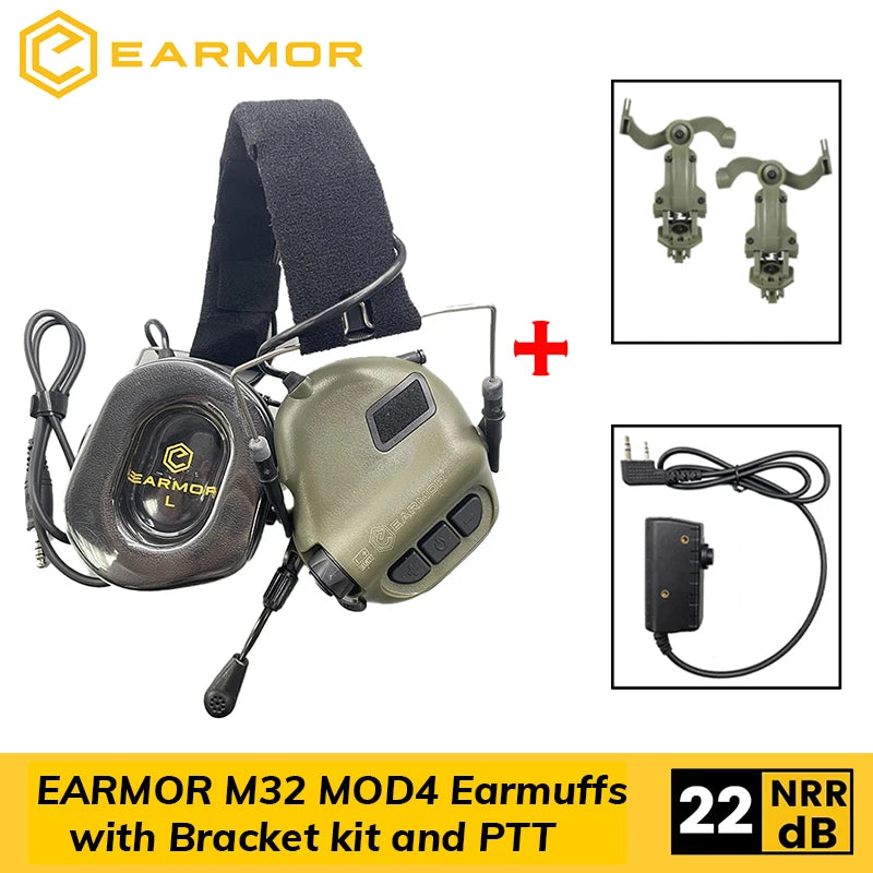 EARMOR M32 MOD4 Shooting Earmuffs Headset with Helmet ARC Rail Adapter with Kenwood PTT adapter