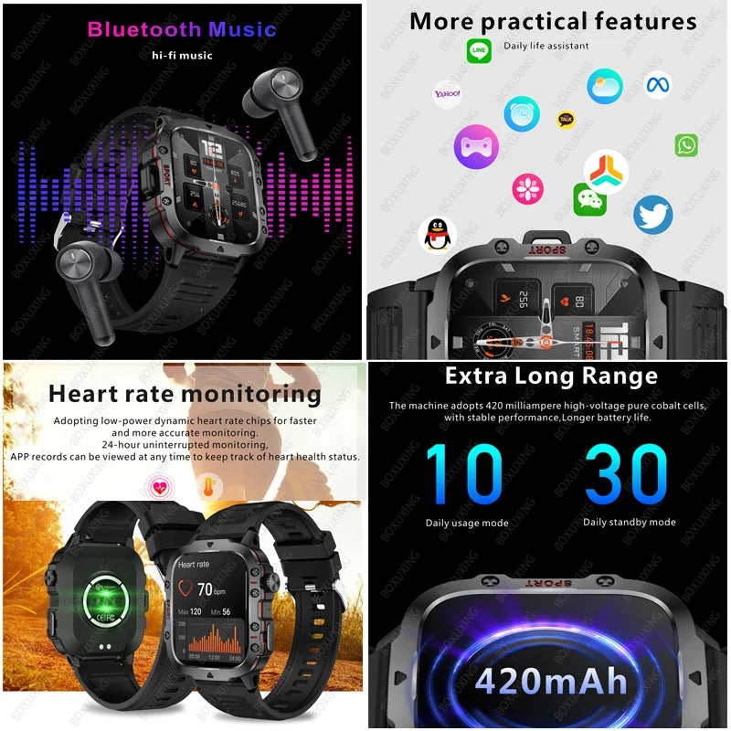 Military Smart Watch - Health Monitor 1.96"HD BT