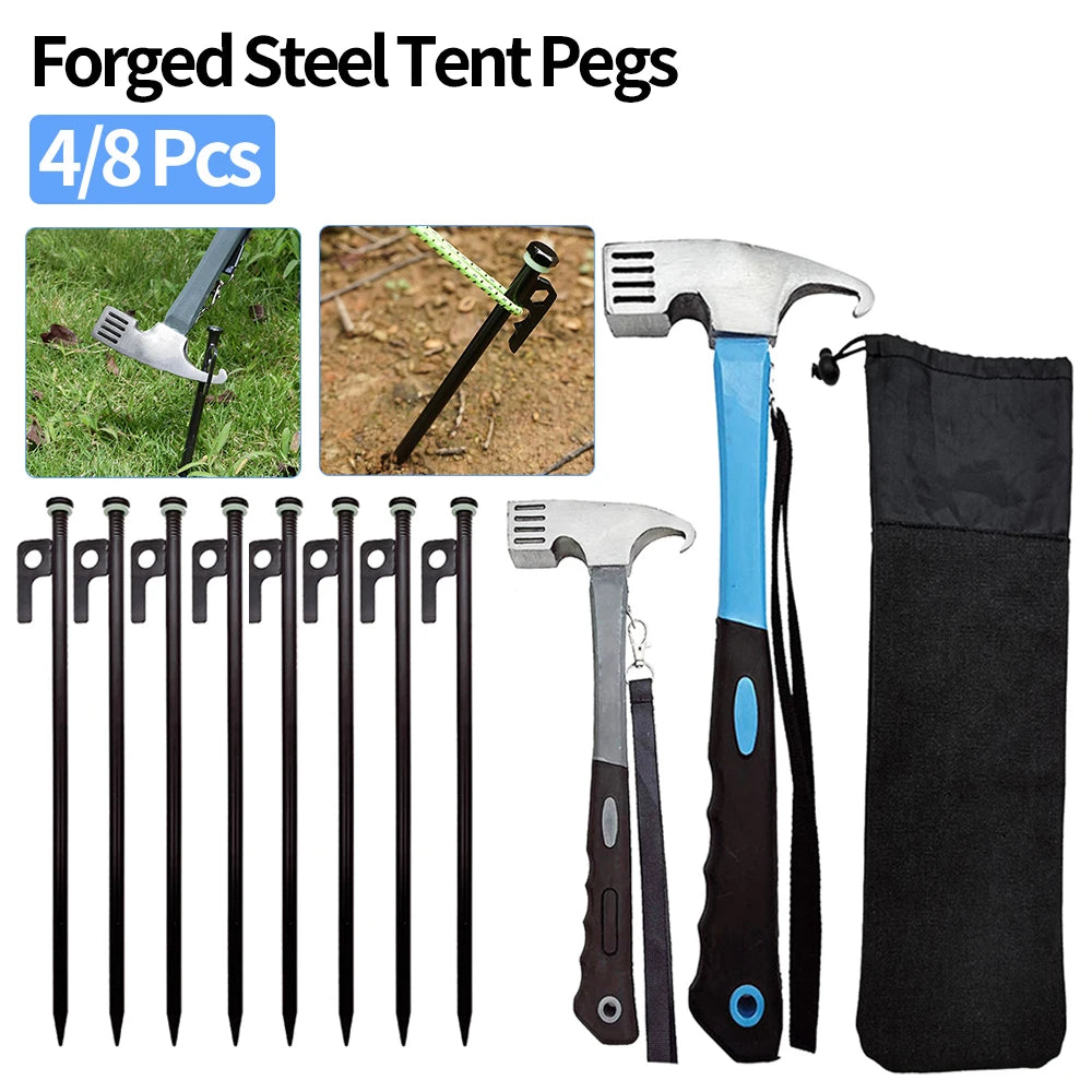 4/8Pcs Tent Pegs with Storage Bag & Hammer