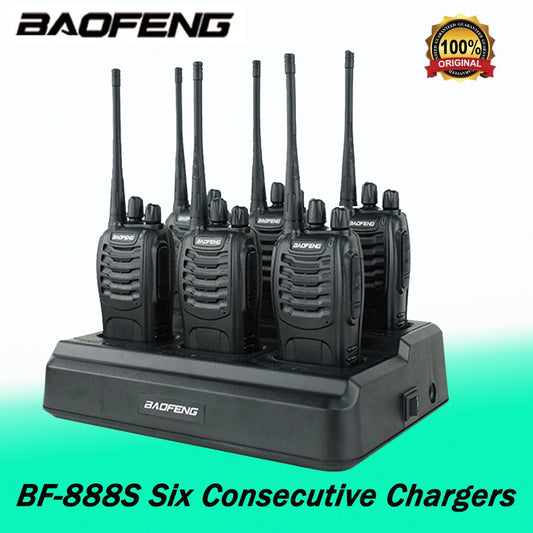 Baofeng walkie talkie set with six BF-888S units and consecutive chargers for reliable communication
