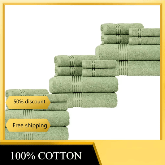 Stacked set of 6 military green towels 100 percent cotton bath hand and washcloth set