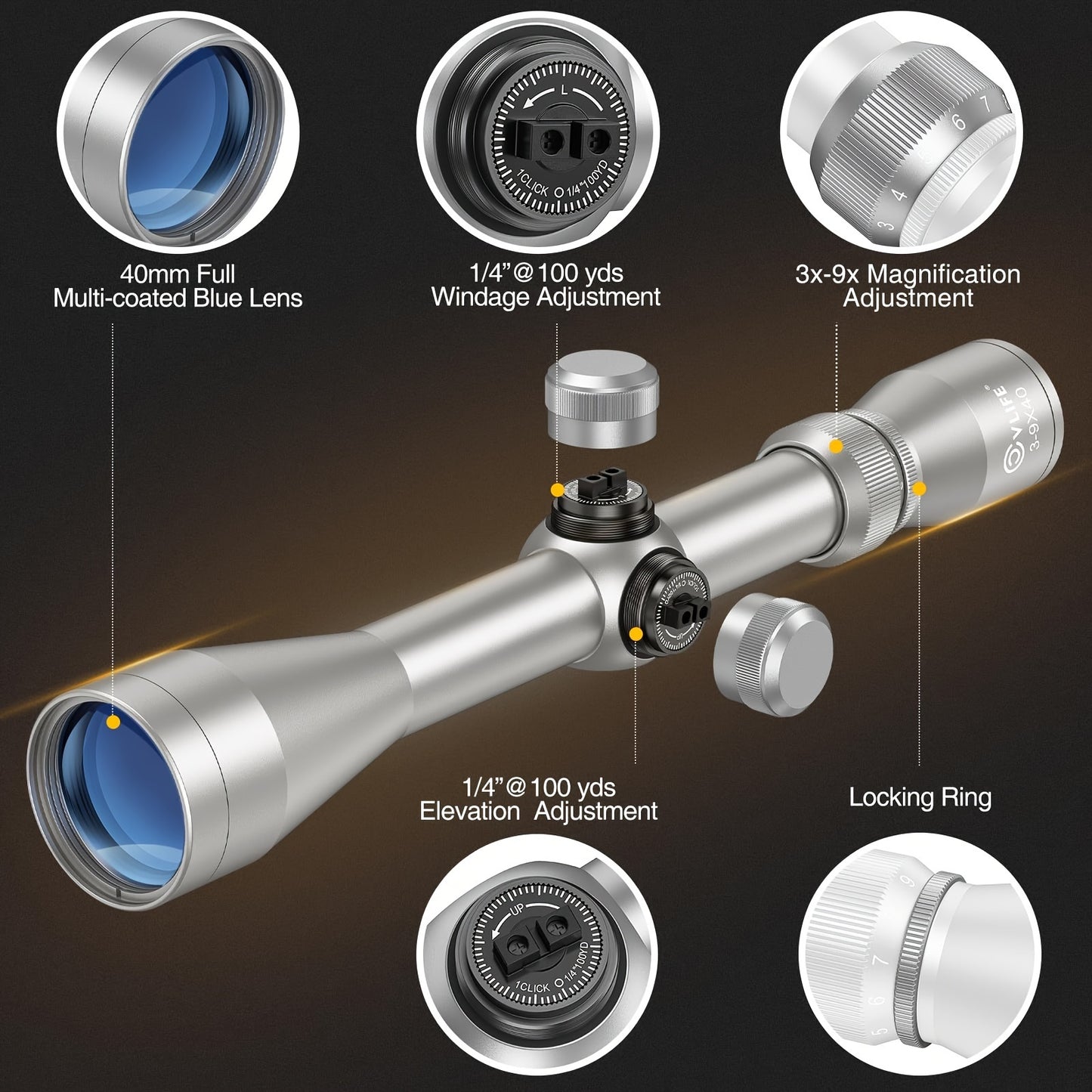 CVLIFE 3-9x40 Optics R4 Fadenkreuz-Zielfernrohr mit kostenlosen Halterungen