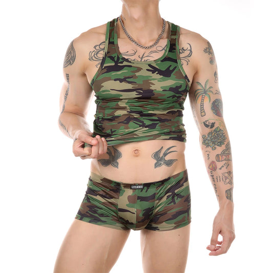 Camo mens underwear vest and matching camo boxer briefs in green and brown camouflage pattern