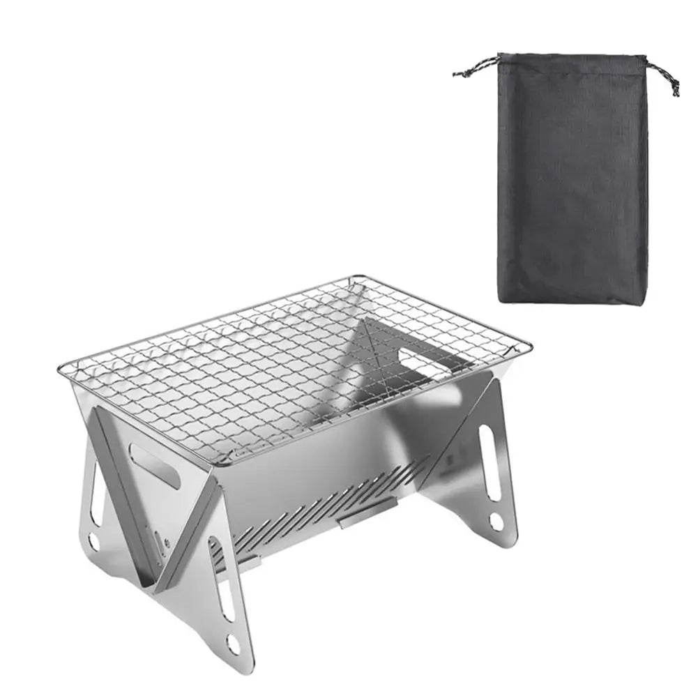 Stainless steel portable folding grill with mesh cooking grate and carry pouch for camping