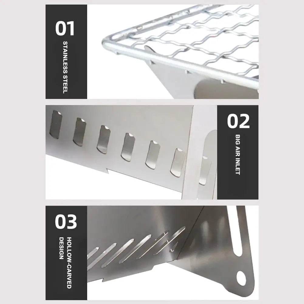 Military Outdoors portable folding grill stainless steel rack with big air inlets and hollow carved design