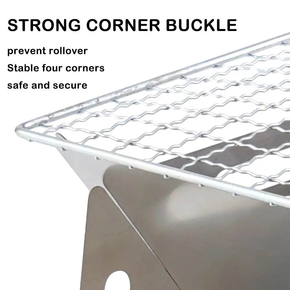 Military Outdoors portable folding grill stainless steel corner buckle and mesh cooking grate close up