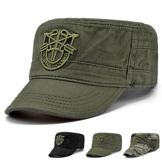 Olive green special forces cap with embroidered crest military cadet style and curved visor