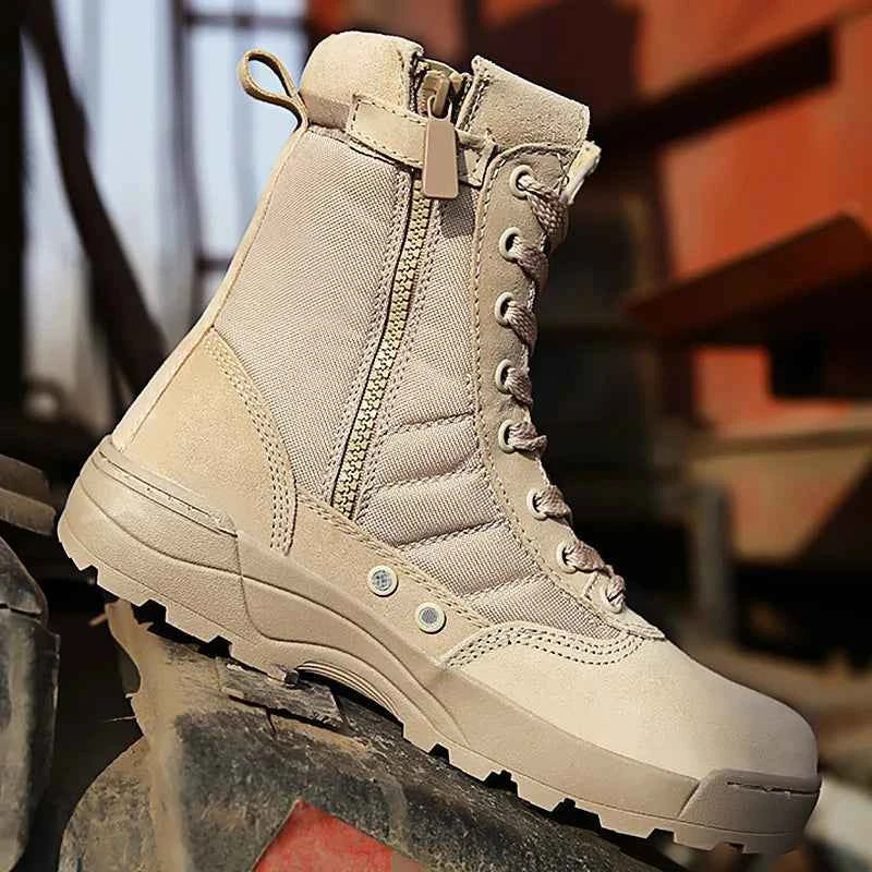 Desert tactical military boots in tan with side zipper and lace-up design for outdoor and military use