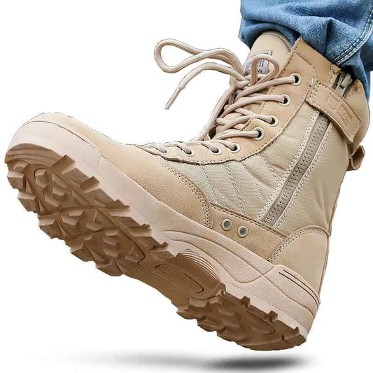 Desert tactical military boots by Military-Outdoors.com featuring durable sole and side zipper for easy wear