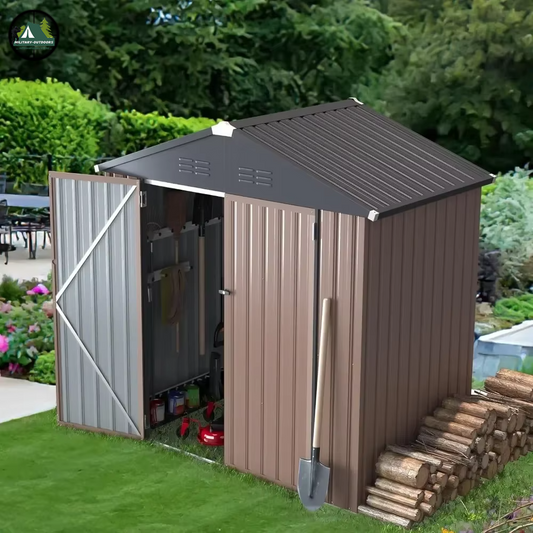6x4 outdoor storage shed brown metal garden shed with open double doors showing tool storage and ventilated sloped roof