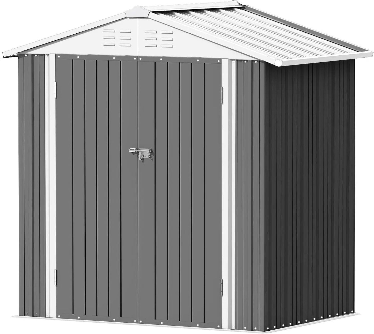 6x4 outdoor storage shed gray metal panels gable roof double doors front latch vented panels for backyard storage