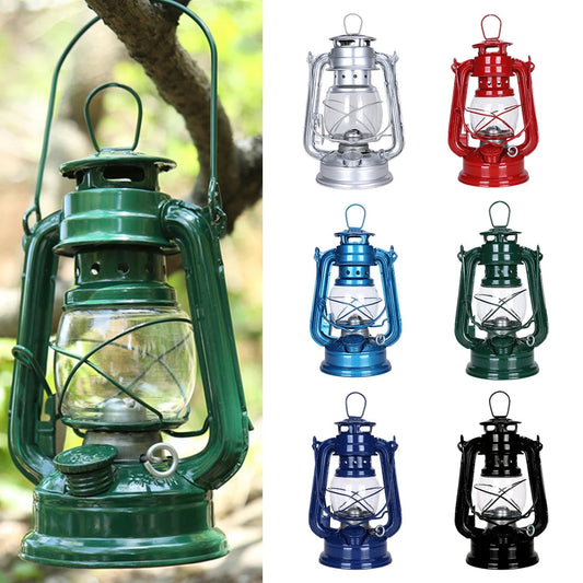 Retro Kerosene Lamp camping lantern metal oil lamp in green with additional color options for outdoor use