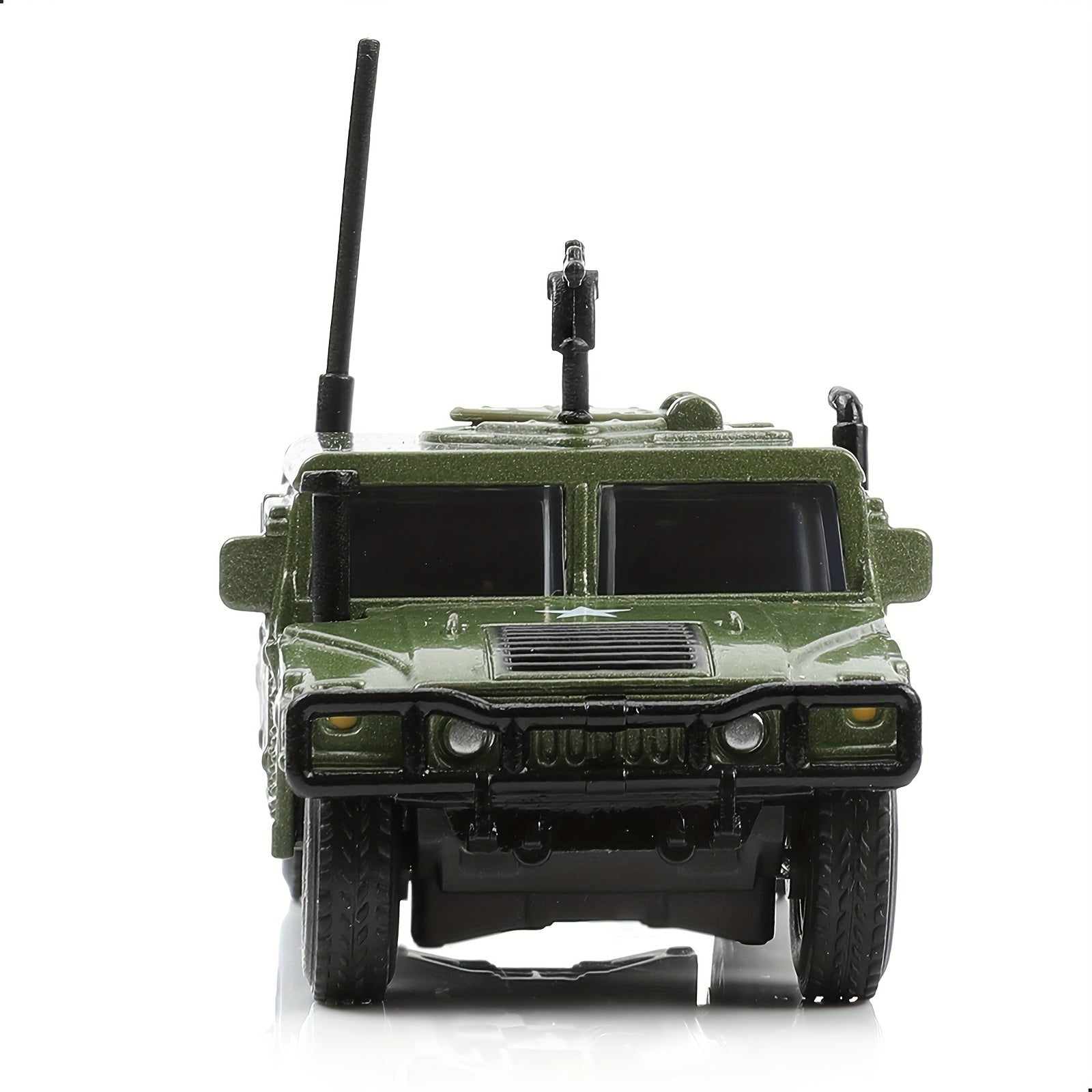 Front view of green Hummer Military Vehicle Model with detailed antenna and rugged tires
