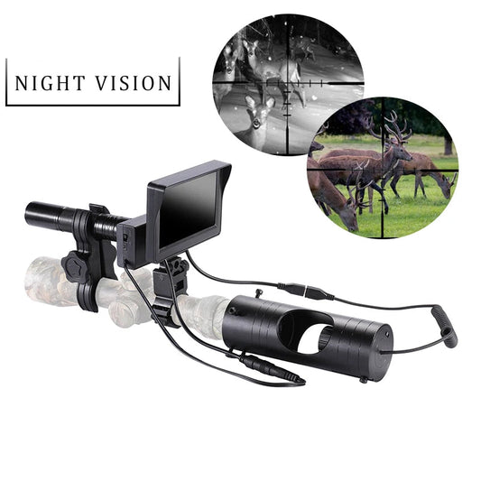 Military-Outdoors.com infrared night vision camera mounted on a hunting rifle with color and black white display views