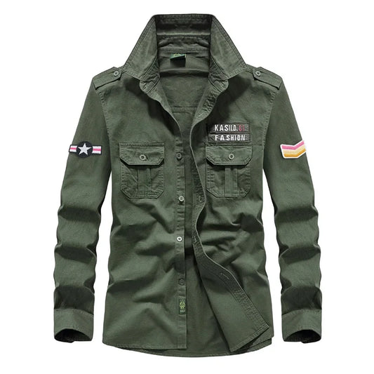 Military long-sleeved shirt in olive green with patches and two chest pockets for a rugged look